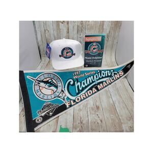 Vintage Florida Marlins 1997 World Series Champions Pennant, Hat. DVD MLB